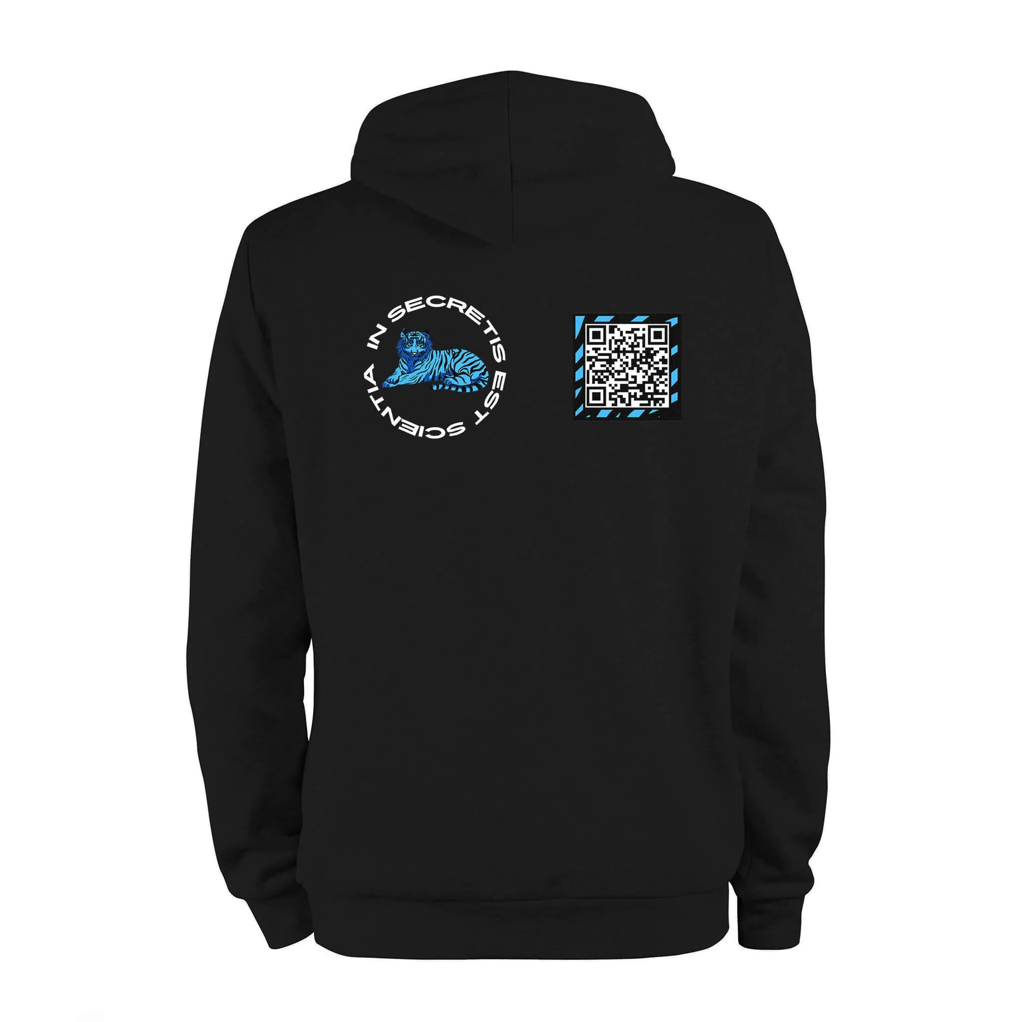 Black QR Hoodie from RESHRD Roar collection with Back Black & Light Blue design