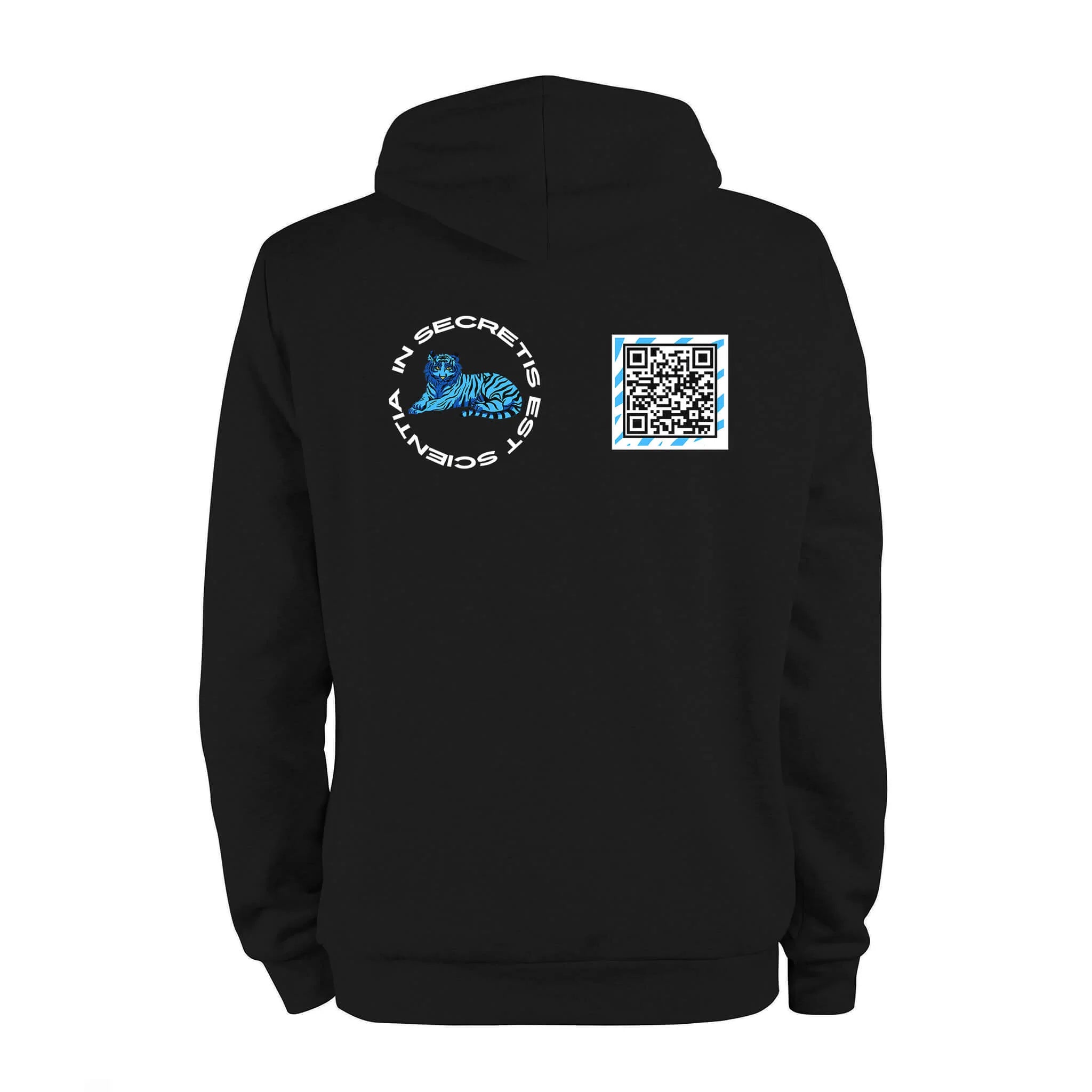 Black QR Hoodie from RESHRD Roar collection with Back White & Light Blue design