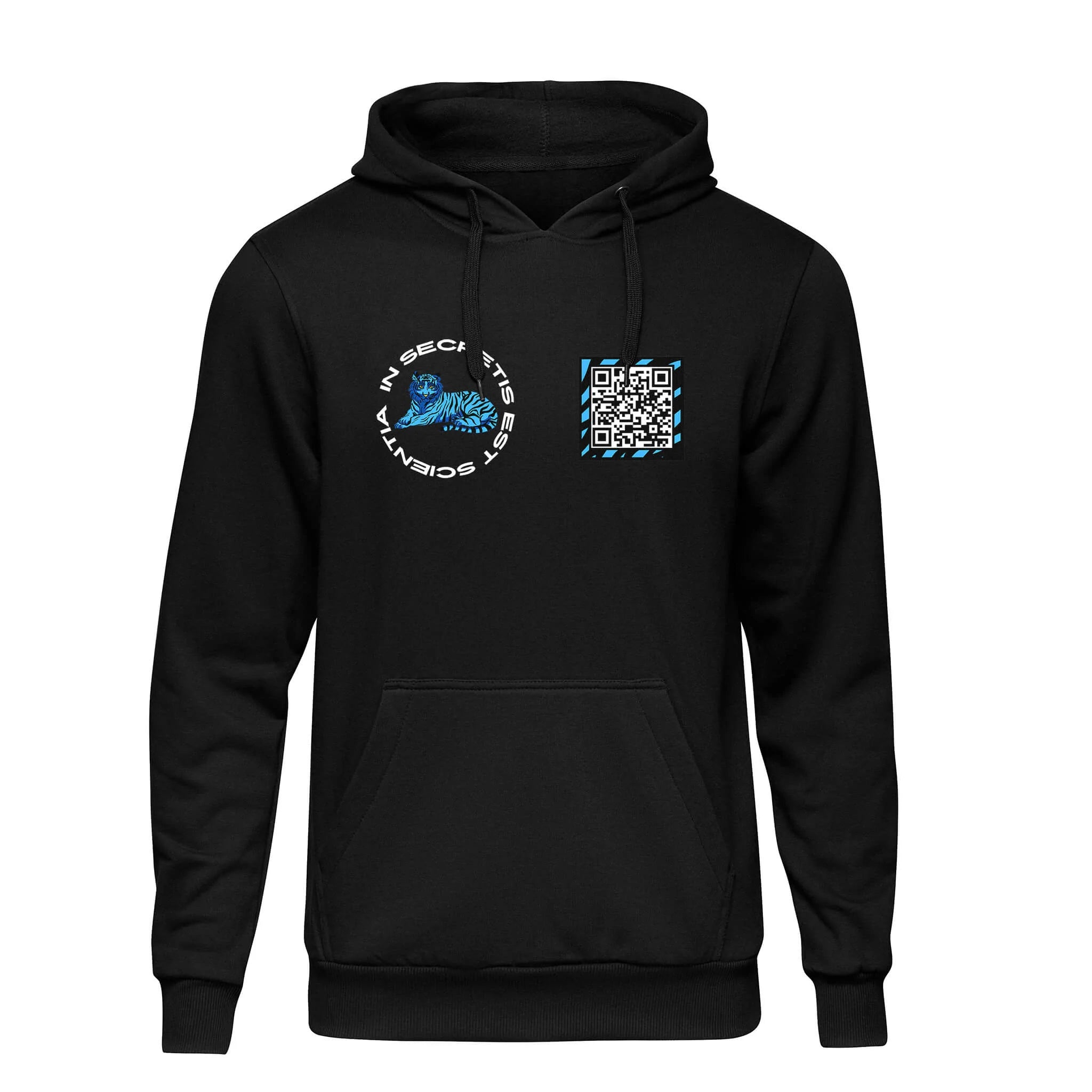 Black QR Hoodie from RESHRD Roar collection with Front Black & Light Blue design