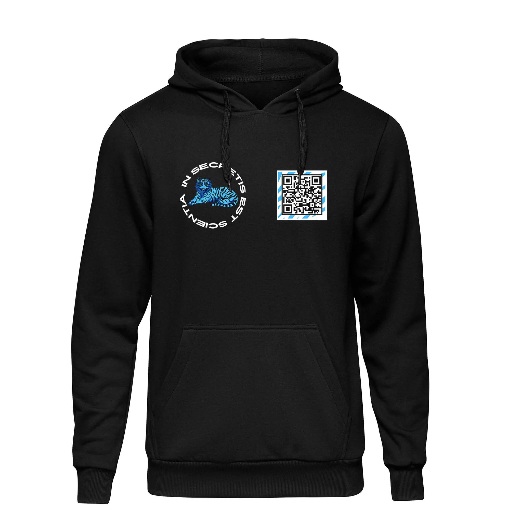 Black QR Hoodie from RESHRD Roar collection with Front White & Light Blue design