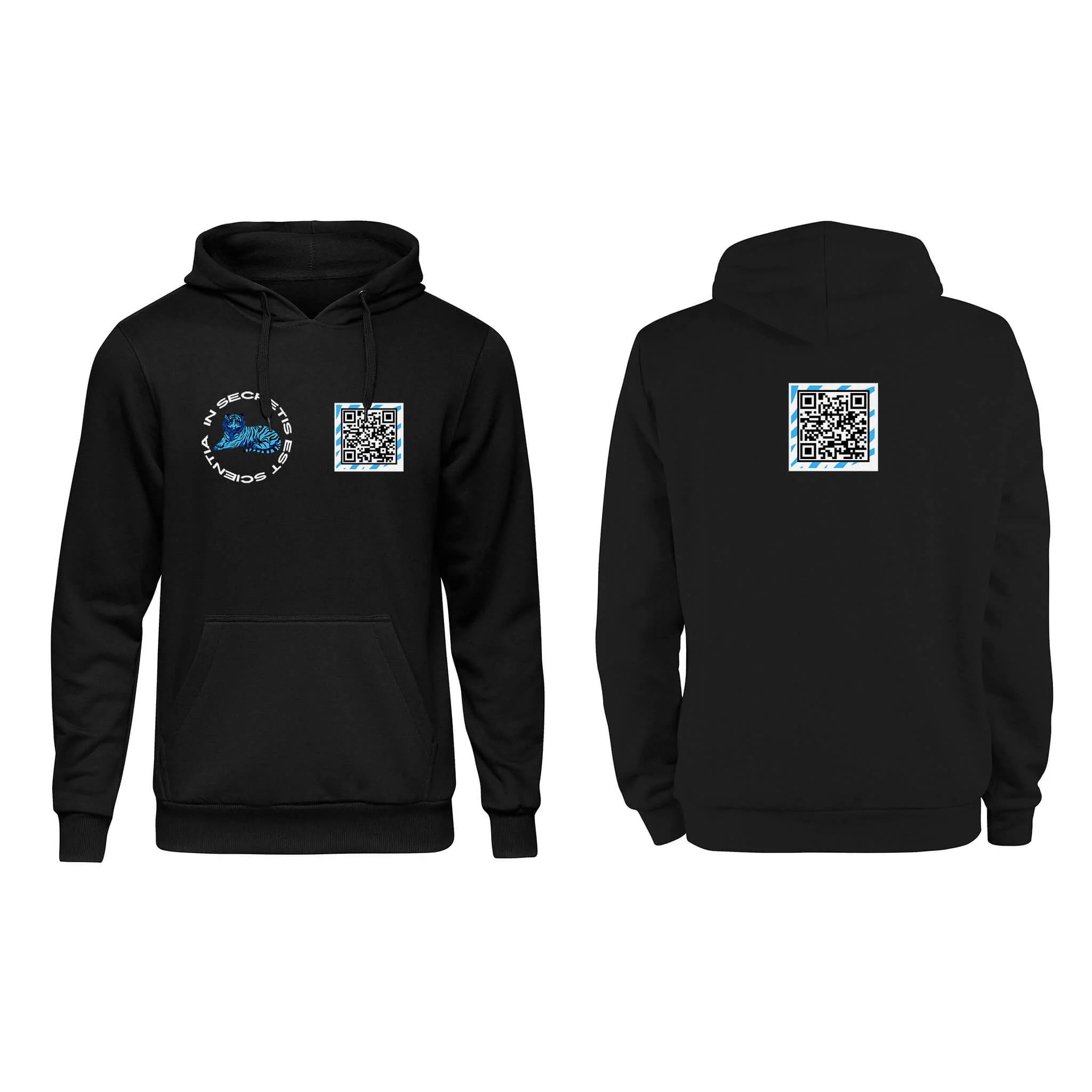 Black QR Hoodie from RESHRD Roar collection with Front & Back White & Light Blue design