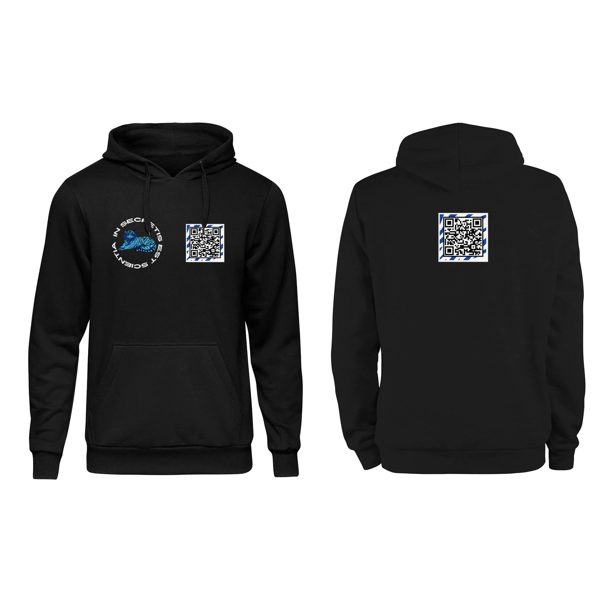 Black QR Hoodie from RESHRD Roar collection with Front & Back White & Navy Blue design