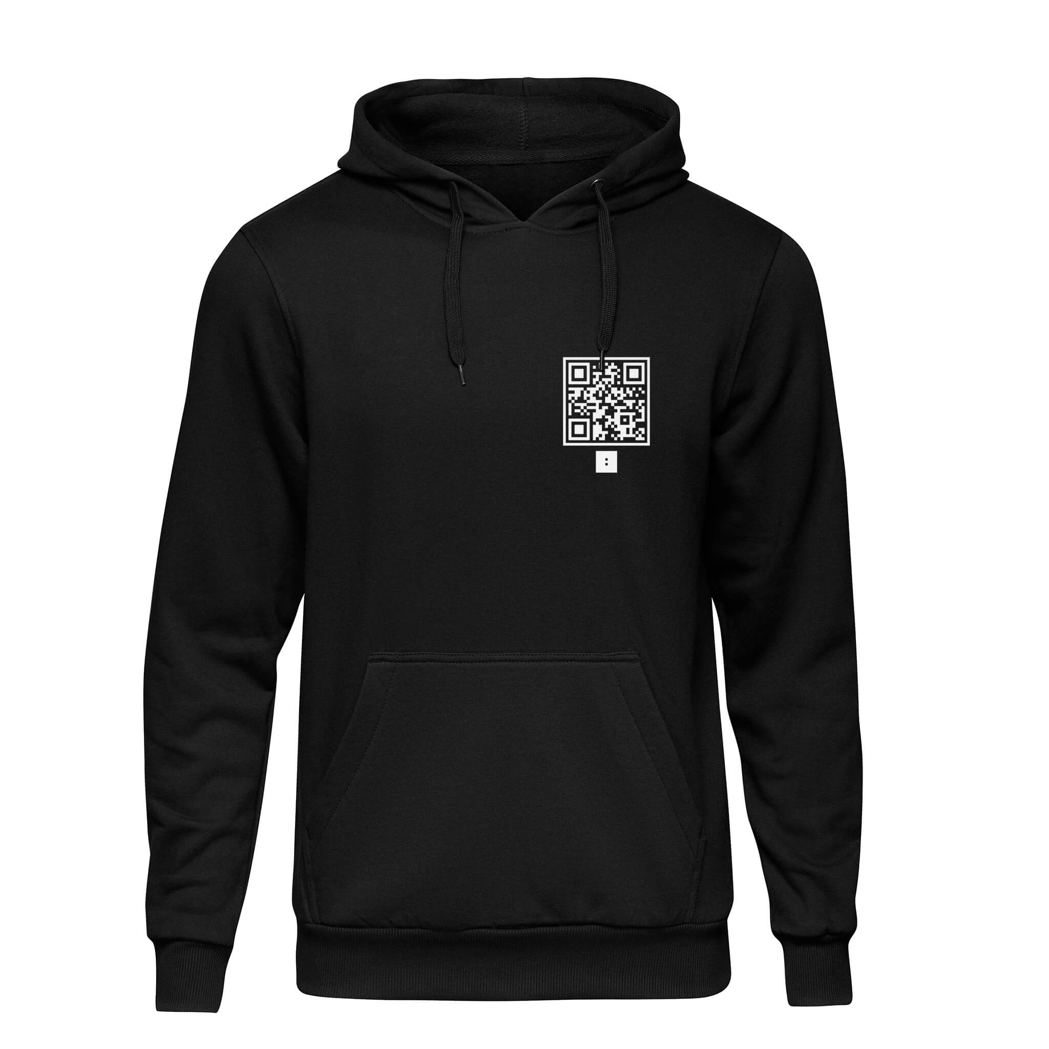 Black QR Code Hoodie-Hoodies-RESHRD-QR Code Clothing, QR Code Clothes, QR Code Shirt, QR Code T-Shirt, QR Code Hoodies, QR Code Apparel, QR Code Platform, Custom QR Code Shirts, Custom QR Code Clothes, Custom QR Code Clothing, QR Code Shirts, QR Codes on Shirts, QR Code T-Shirts, Custom QR Code Hoodies, Funny QR Code Shirts, Interactive Apparel, RESHRD Updatable QR Clothing, One day at a time Tshirt, Custom QR code candles, Updatable QR code candles for gifting, Personalized candles with QR codes, Scented c