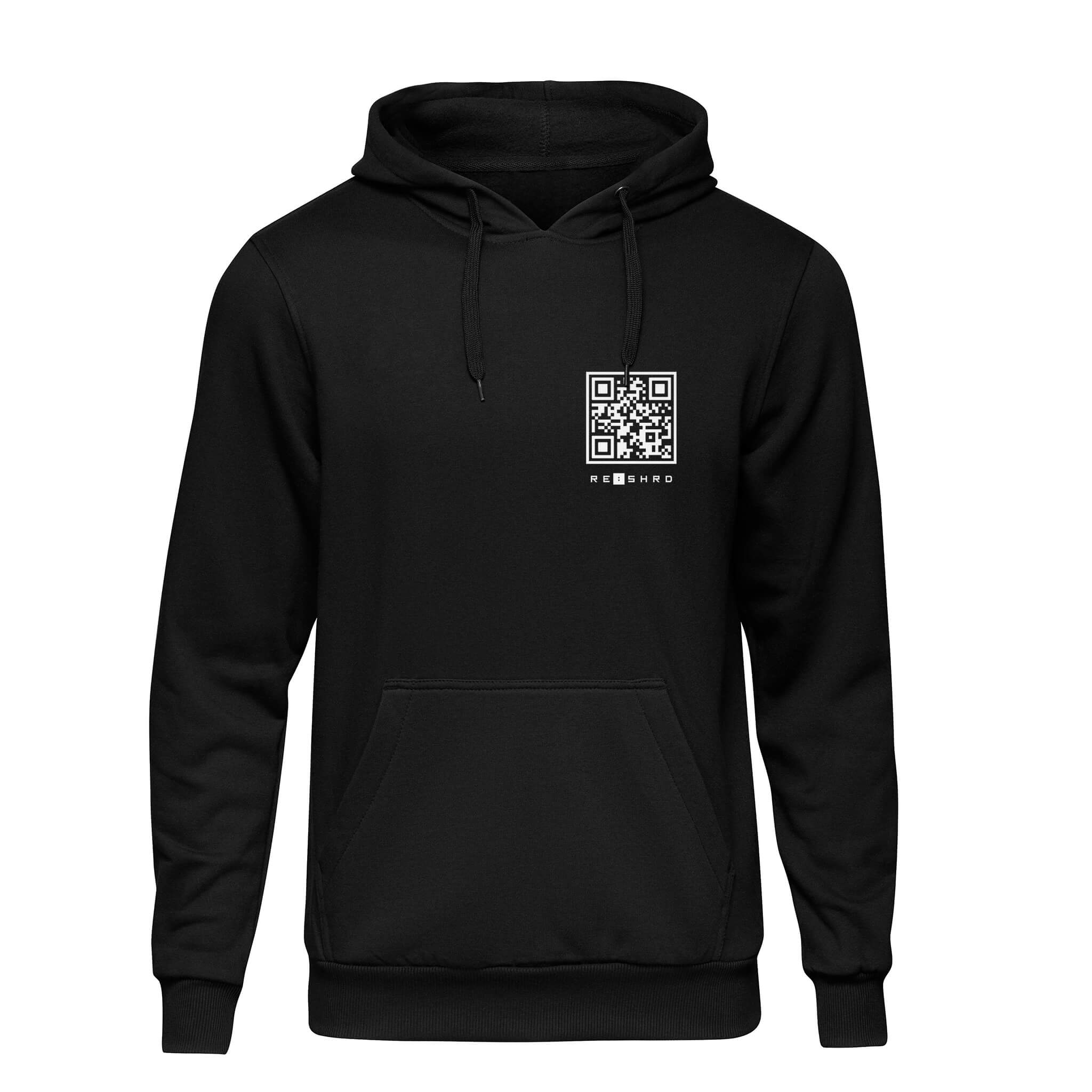 Black QR Code Hoodie-Hoodies-RESHRD-QR Code Clothing, QR Code Clothes, QR Code Shirt, QR Code T-Shirt, QR Code Hoodies, QR Code Apparel, QR Code Platform, Custom QR Code Shirts, Custom QR Code Clothes, Custom QR Code Clothing, QR Code Shirts, QR Codes on Shirts, QR Code T-Shirts, Custom QR Code Hoodies, Funny QR Code Shirts, Interactive Apparel, RESHRD Updatable QR Clothing, One day at a time Tshirt, Custom QR code candles, Updatable QR code candles for gifting, Personalized candles with QR codes, Scented c