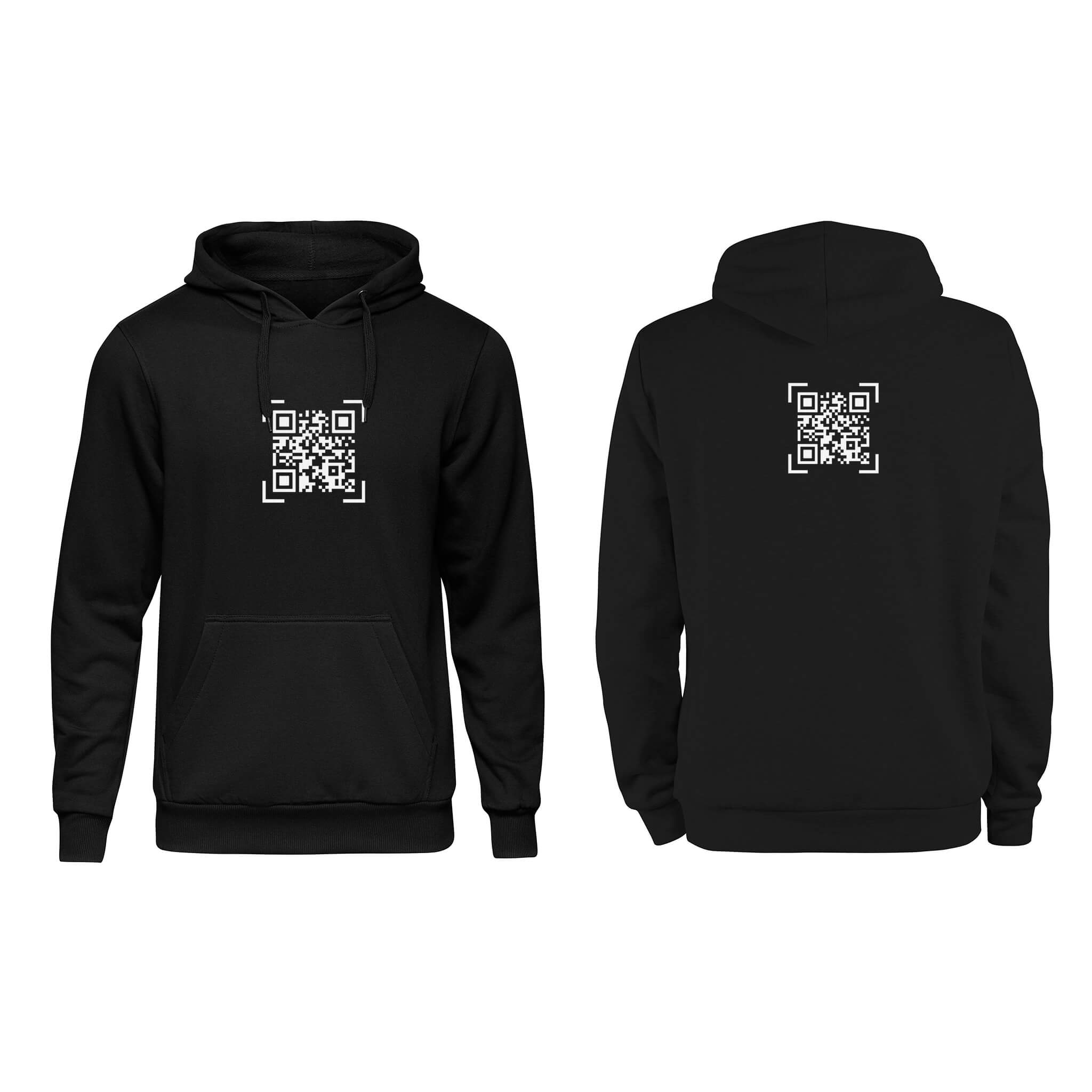 Black QR Streetwear Hoodie from RESHRD Scanner Collection with Front & Back Central Design