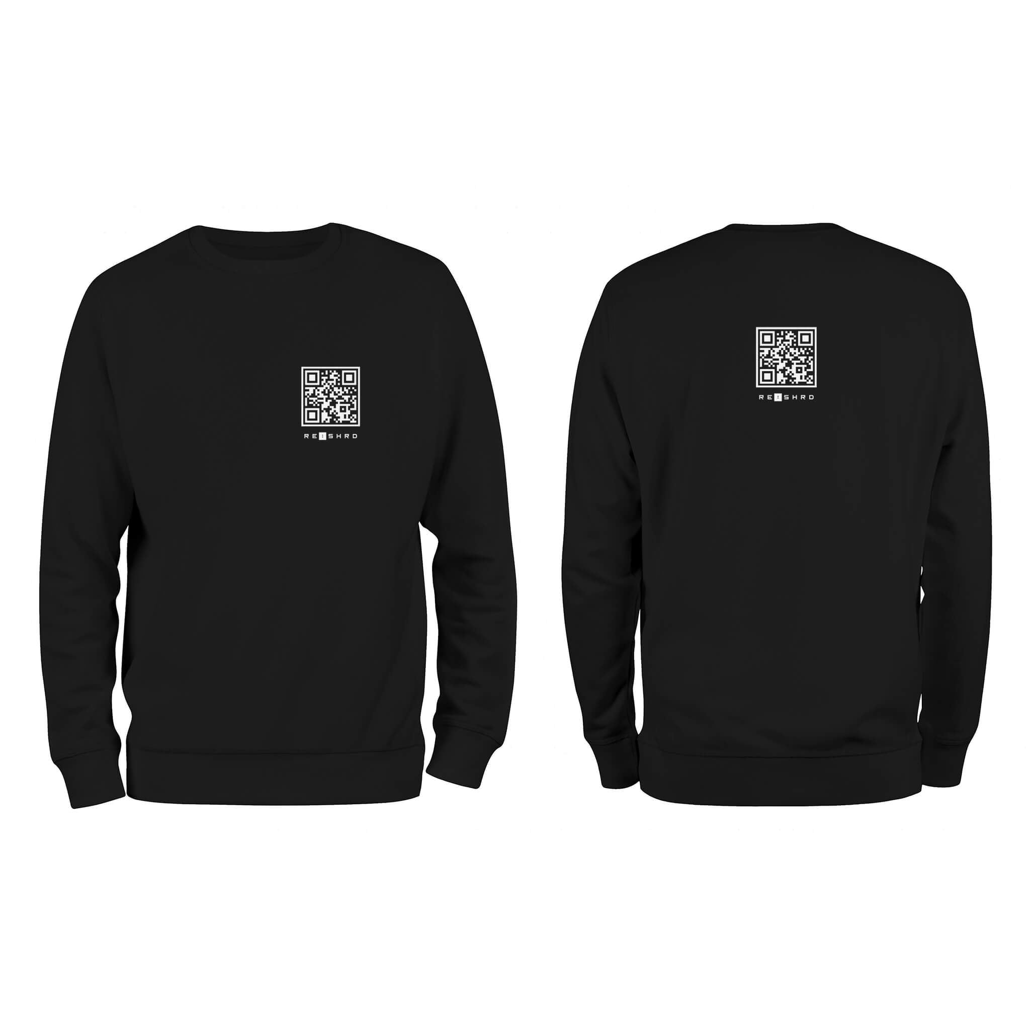 Black QR Streetwear Sweatshirt from RESHRD Explorer Collection with Front & Back Chest Logo