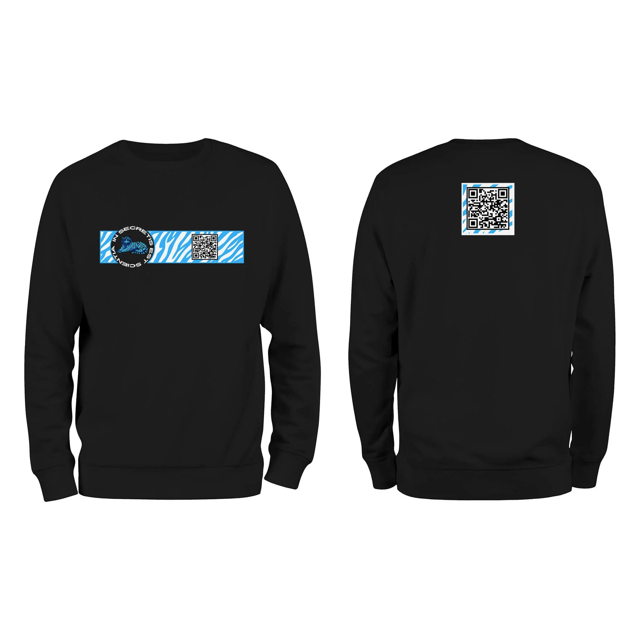 Black QR Sweatshirt from RESHRD Camouflage collection with Front & Back White & Light Blue design