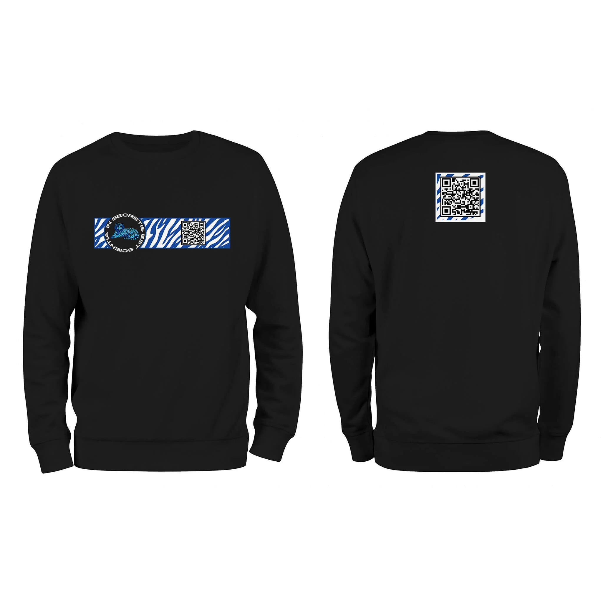 Black QR Sweatshirt from RESHRD Camouflage collection with Front & Back White & Navy Blue design