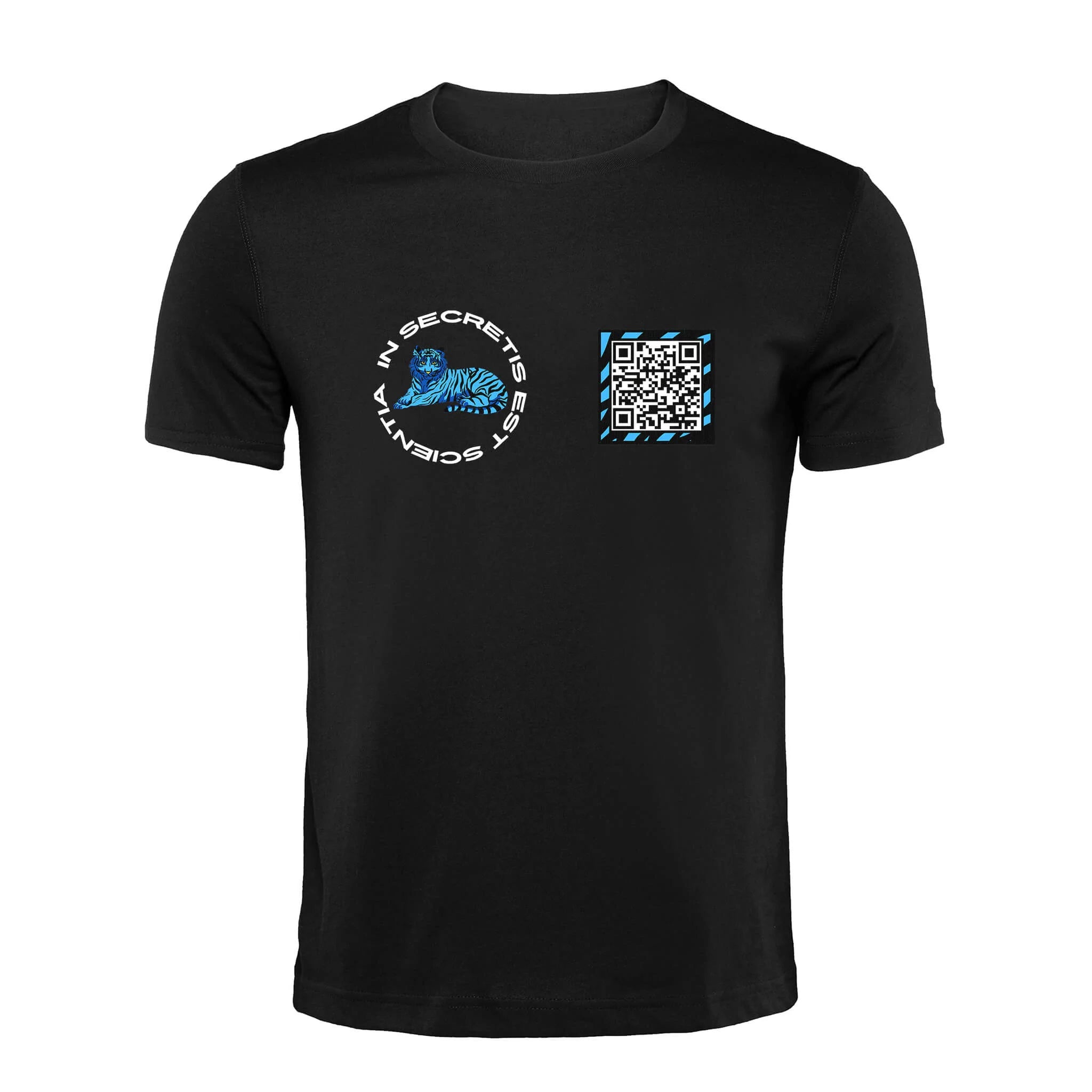 Black QR T-Shirt from RESHRD Roar collection with Front Black & Light Blue design