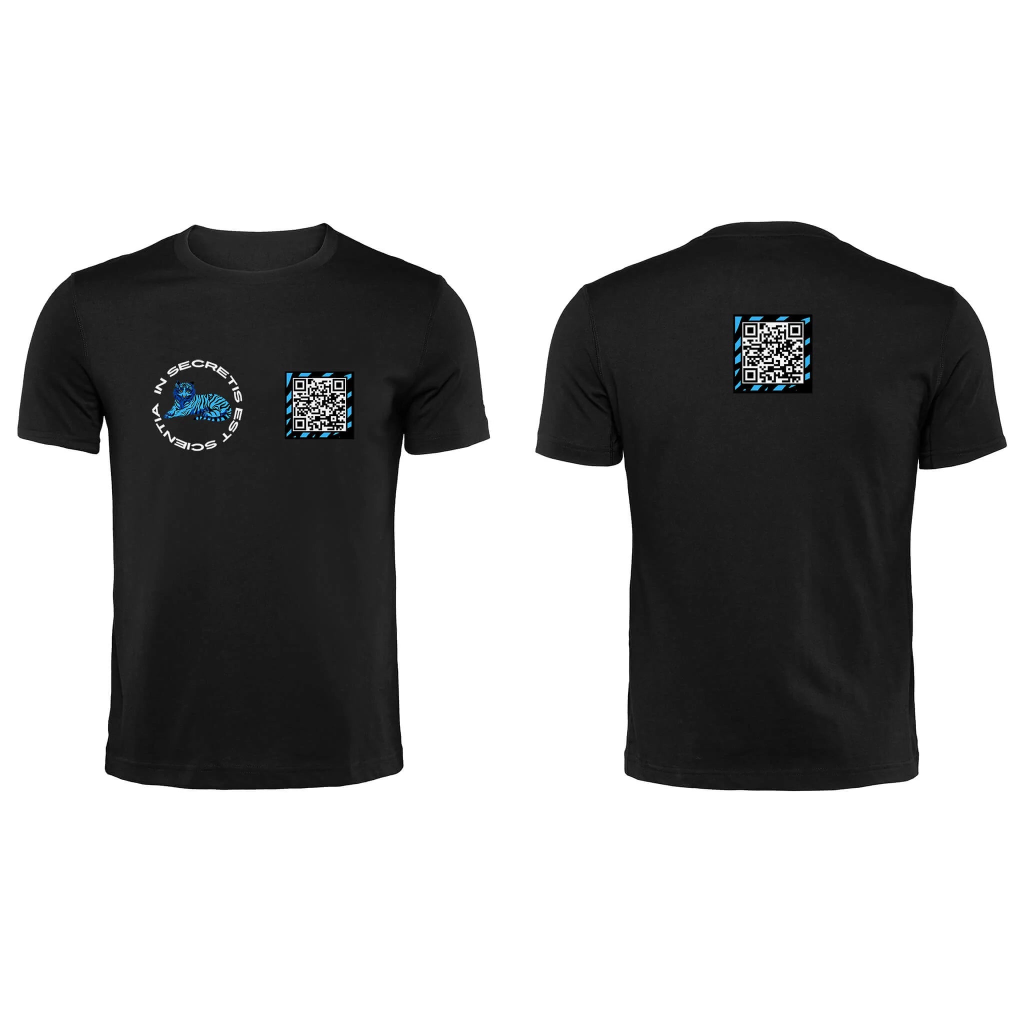 Black QR T-Shirt from RESHRD Roar collection with Front & Back Black & Light Blue design