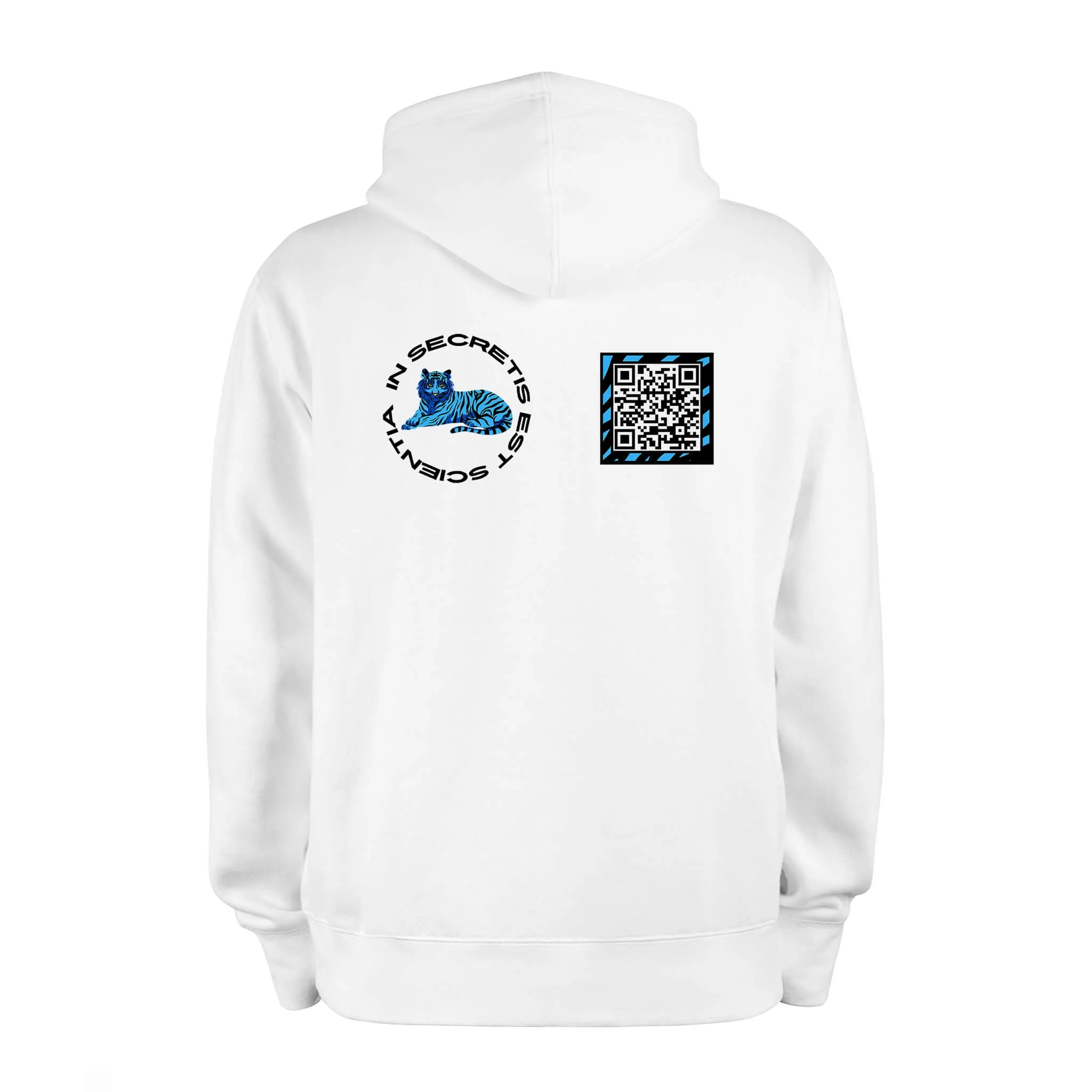 White QR Hoodie from RESHRD Roar collection with Back Black & Light Blue design