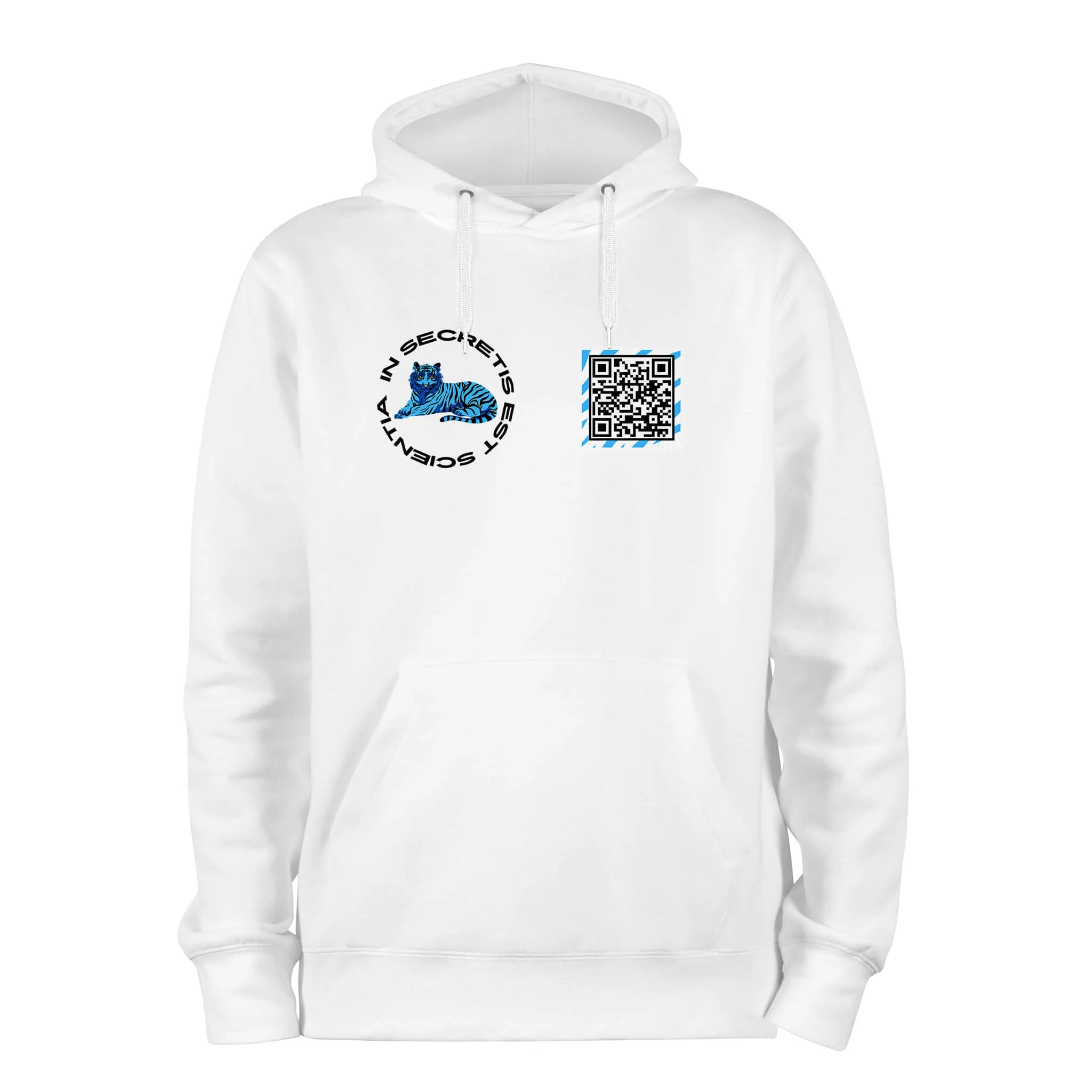 White QR Hoodie from RESHRD Roar collection with Front White & Light Blue design