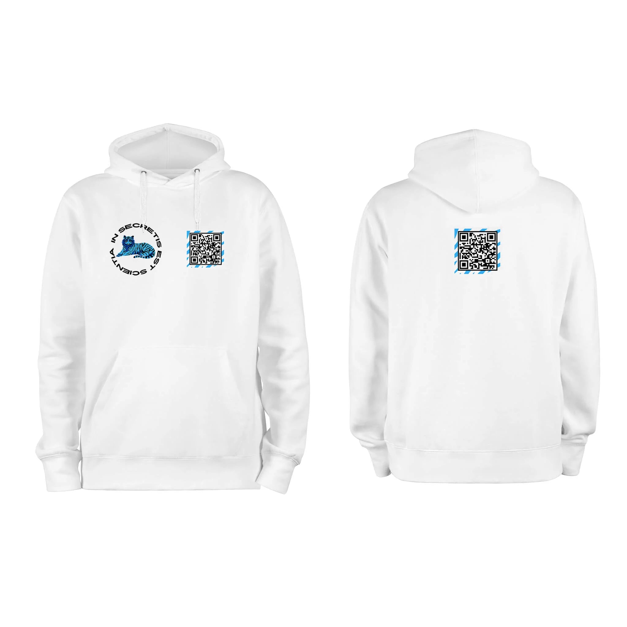 White QR Hoodie from RESHRD Roar collection with Front & Back White & Light Blue design