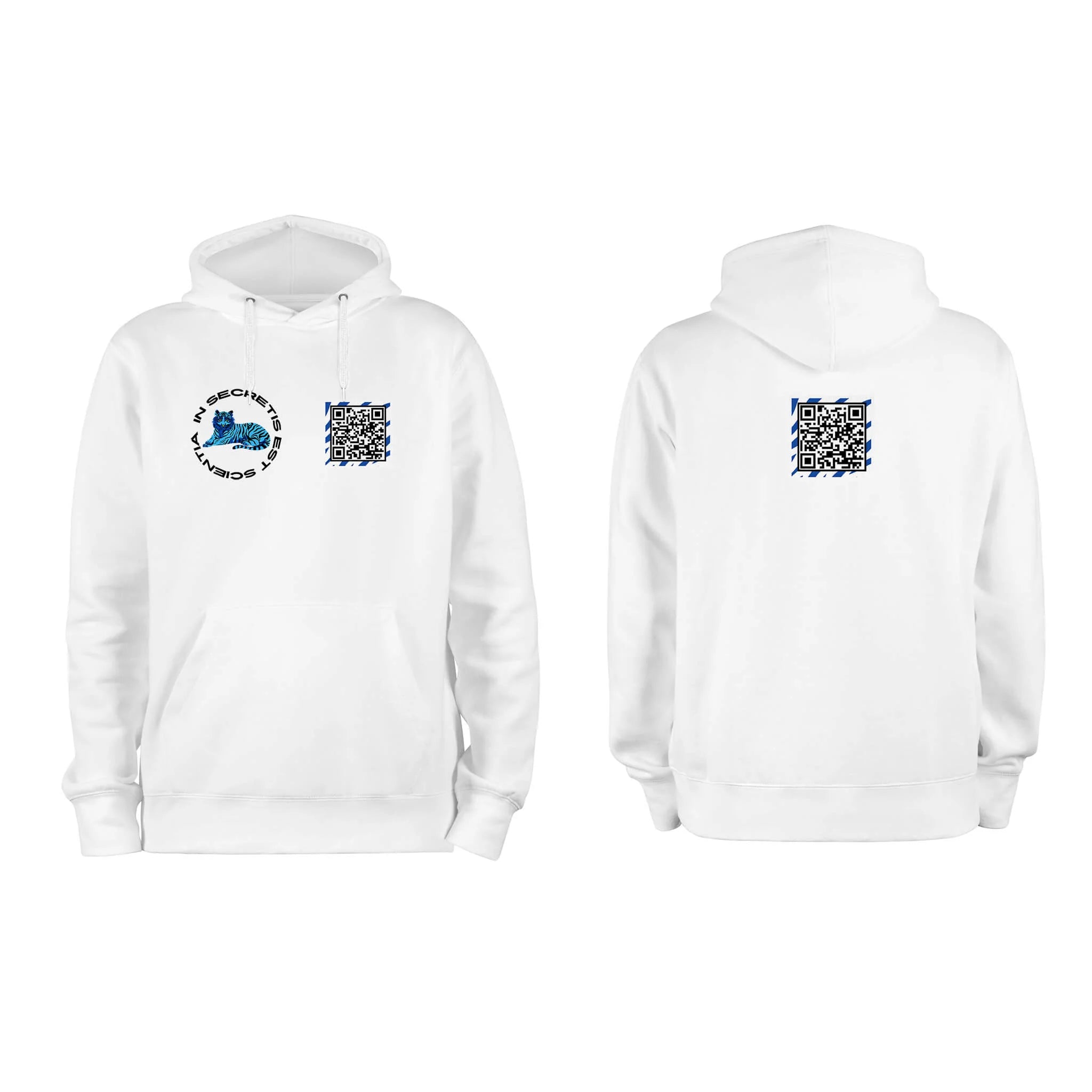 White QR Hoodie from RESHRD Roar collection with Front & Back White & Navy Blue design