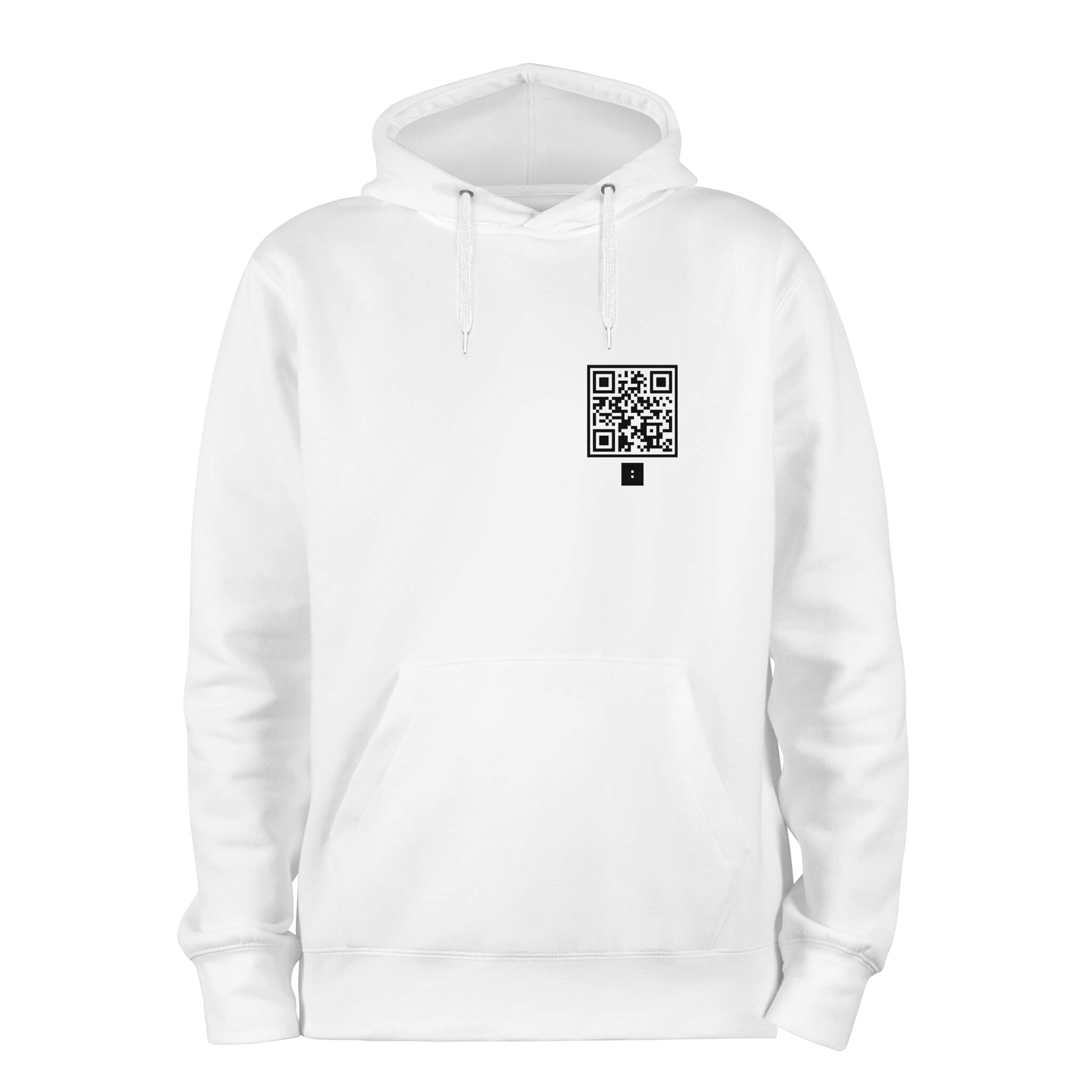 White QR Code Hoodie-Custom QR code candles, updatable QR code candles for gifting, personalized candles with QR codes, scented candles with scannable QR codes, QR code candles for playlists and messages, custom QR code necklaces, personalized QR code jewelry, updatable QR code pendants, QR code necklaces for sharing memories, elegant QR code necklace gifts, custom QR code shorts, personalized activewear with QR codes, updatable QR code athletic shorts, QR code apparel for personal expression, trendy shorts