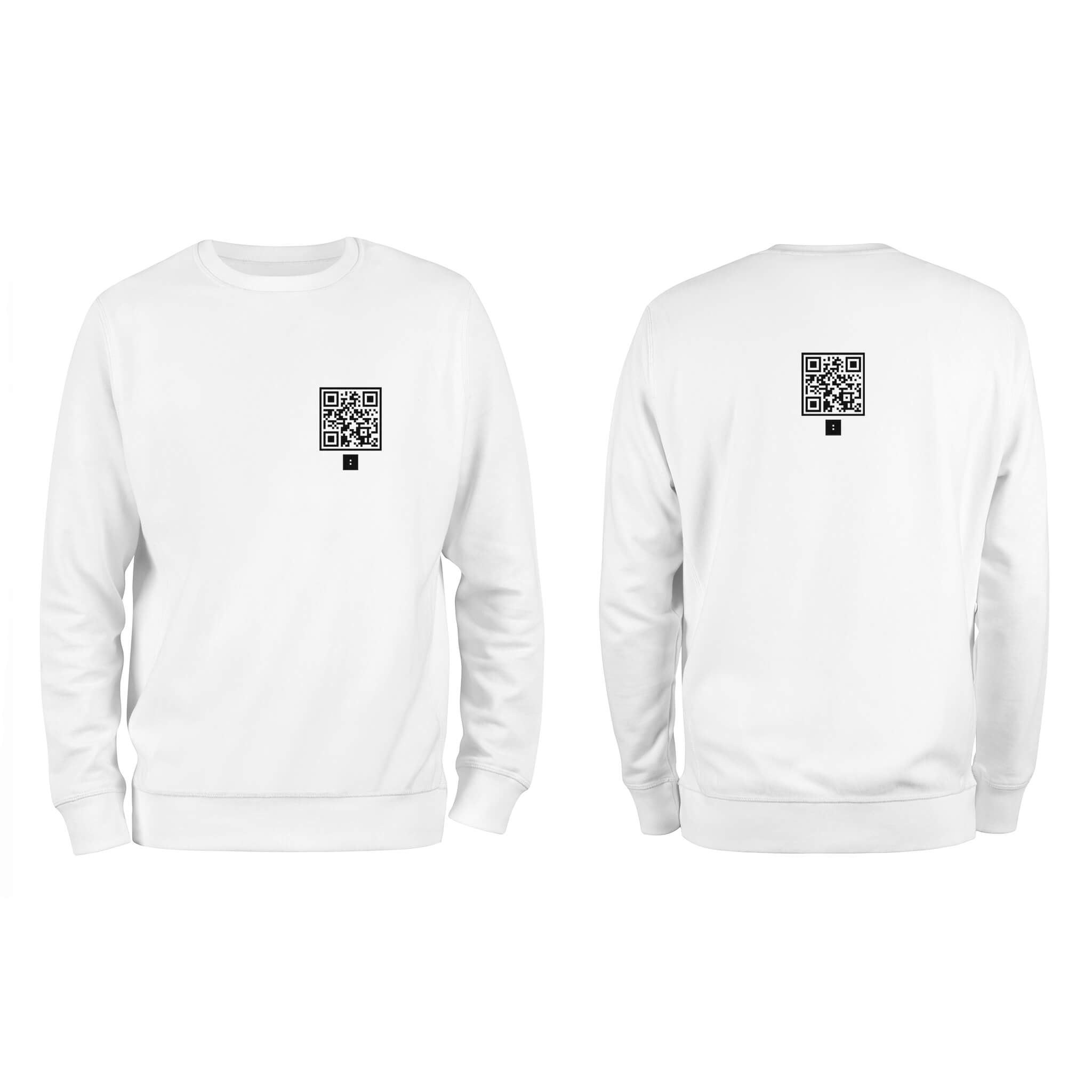 White QR Code Sweatshirt-Custom QR code candles, updatable QR code candles for gifting, personalized candles with QR codes, scented candles with scannable QR codes, QR code candles for playlists and messages, custom QR code necklaces, personalized QR code jewelry, updatable QR code pendants, QR code necklaces for sharing memories, elegant QR code necklace gifts, custom QR code shorts, personalized activewear with QR codes, updatable QR code athletic shorts, QR code apparel for personal expression, trendy sh