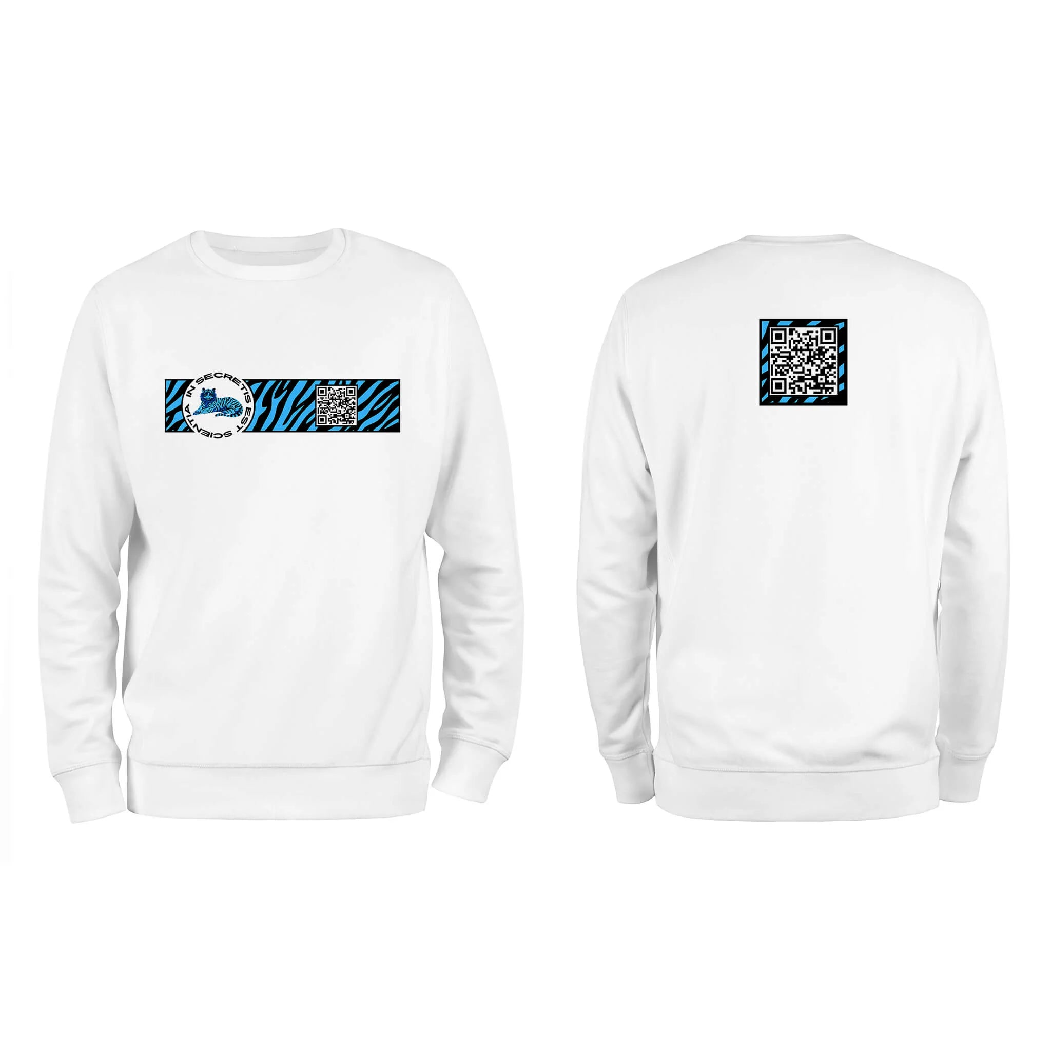 White QR Sweatshirt from RESHRD Camouflage collection with Front & Back Black & Light Blue design