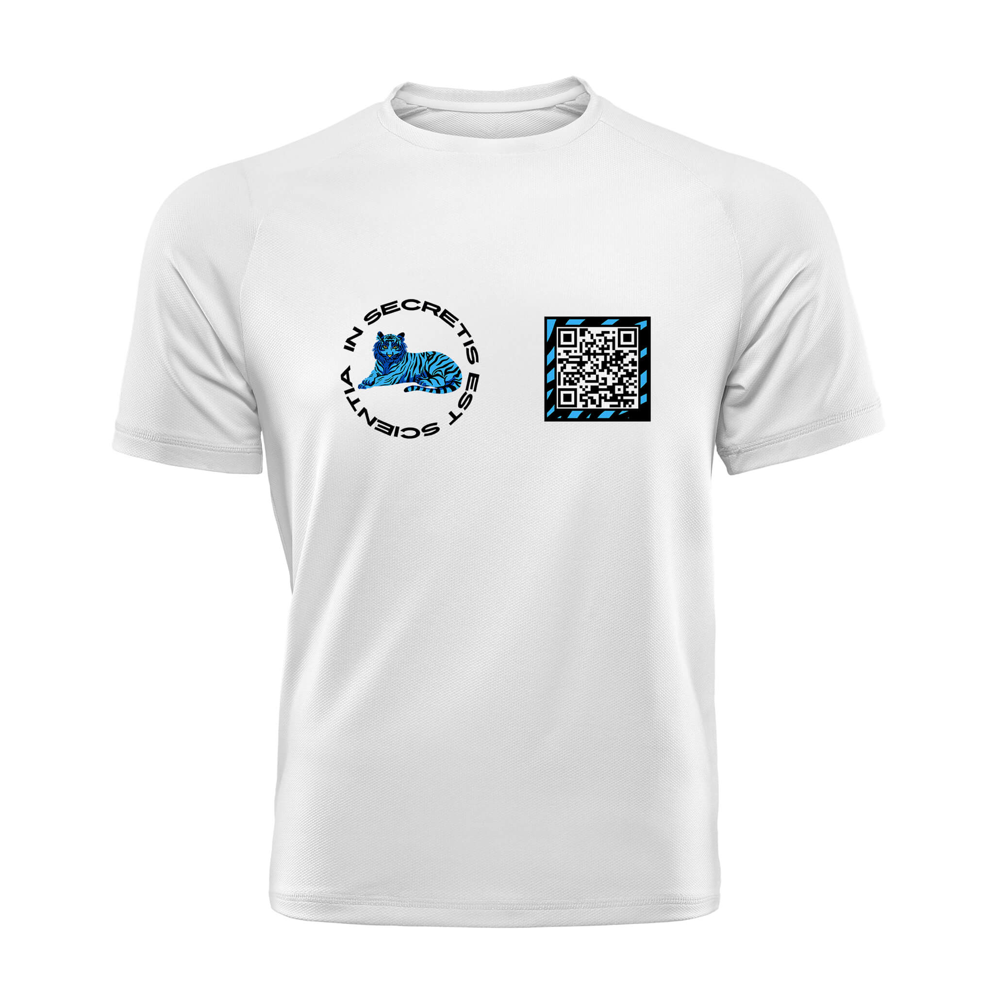 White QR T-Shirt from RESHRD Roar collection with Front Black & Light Blue design